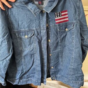 Denim & Co. bought from QVC Classic Blue Denim Jacket with Flag Patch